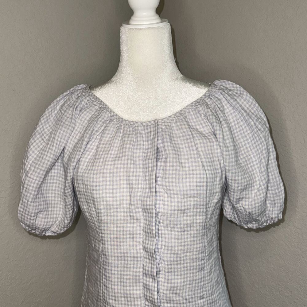 J. Crew Cottage Dress Women's 00 Blue White Gingham Linen Casual Puff Sleeve - Picture 5 of 10